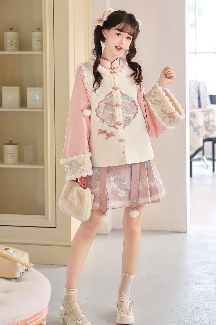 Ivory and Pink Miracle Pony Round Collar Long Sleeve High-Waist Printed Sweet Hanfu Dress Set