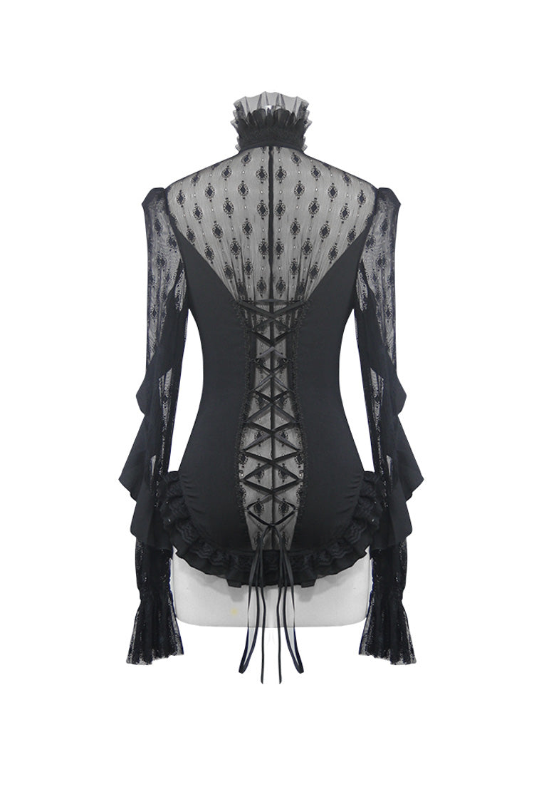 Gothic Blouse with High Collar Beaded Flowers Lace Cuffs Back Lace-Up