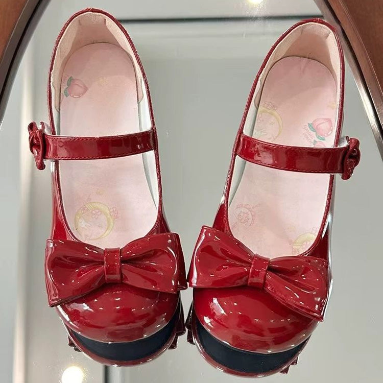 Velcro Strap Bow Mary Jane Shoes for Lolita - Two Heel Heights