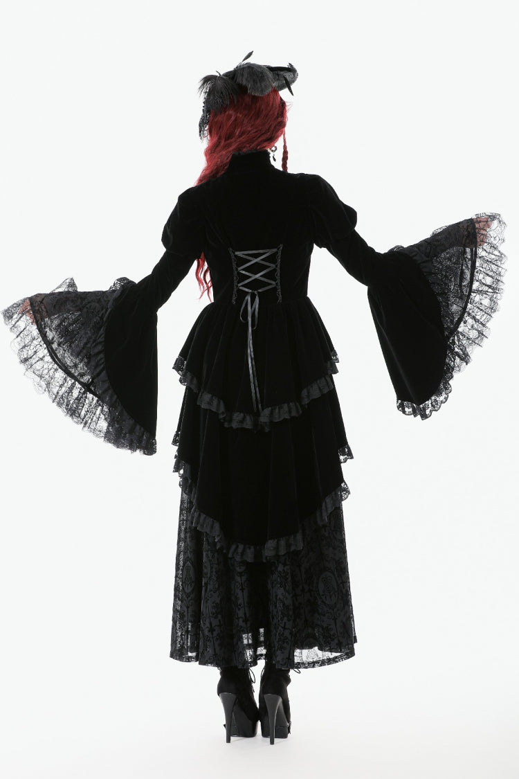 Jet-Black Gothic Coatlet with Layered Ruffles and High-Low Hem for Women