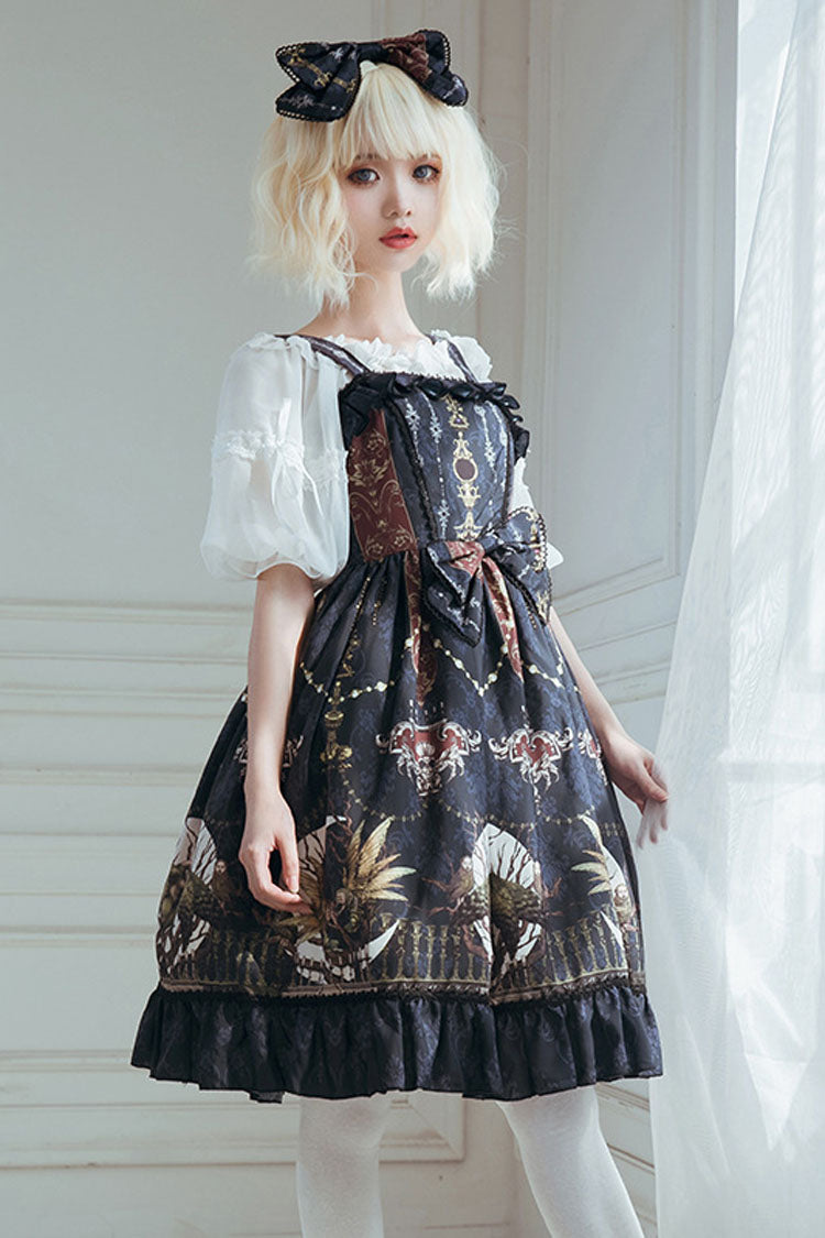 Navy Bowknot Altar Monthly Print Ruffled Classic Lolita Suspender Dress