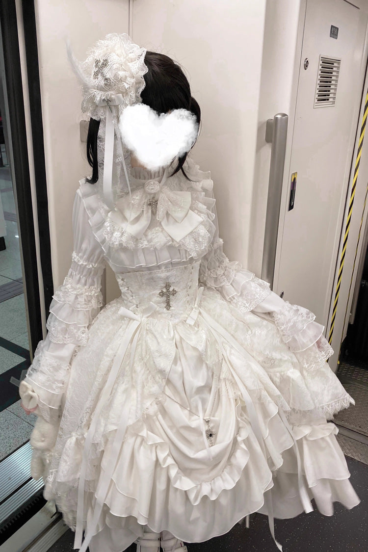 Ivory Long Hime Sleeve Ruffled Bow Gothic Skirt Dress Set
