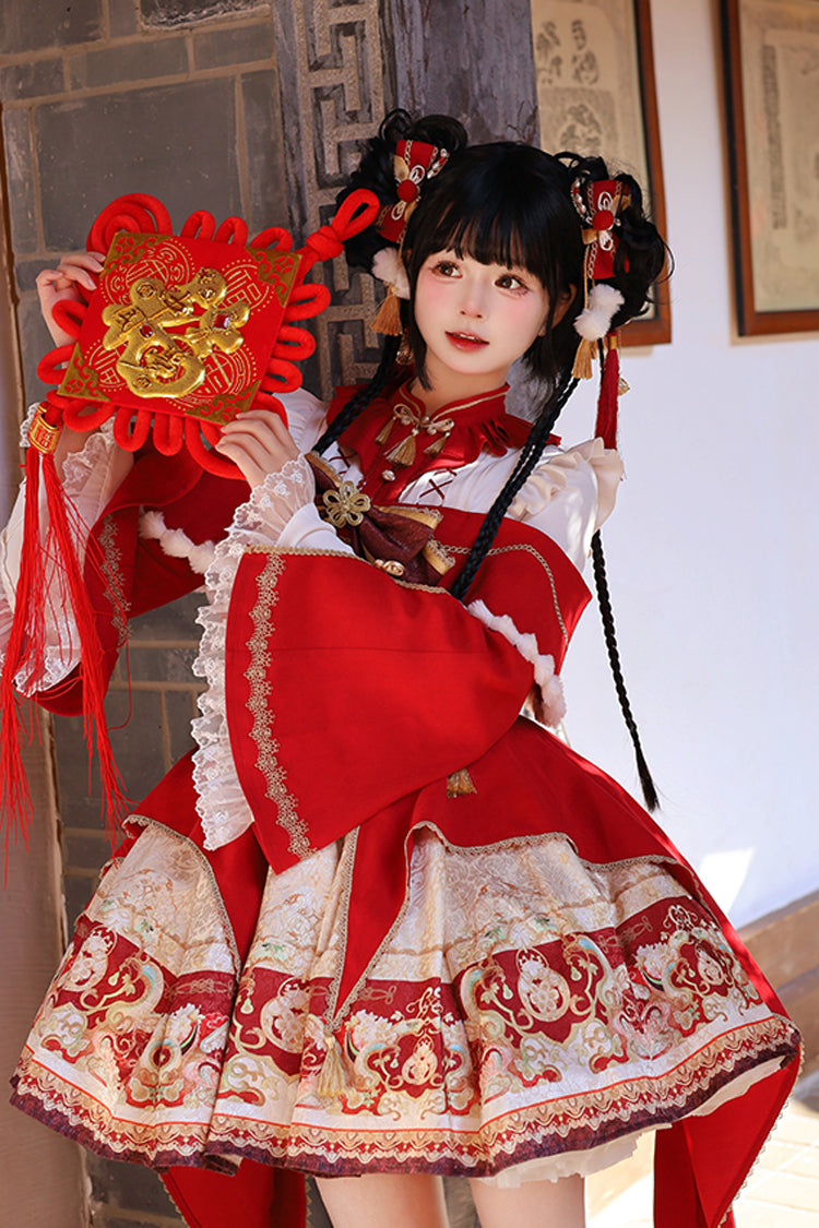 New Year Red Print Ruffle Bowknot Lace-Up Sweet Chinese Style JSK Dress