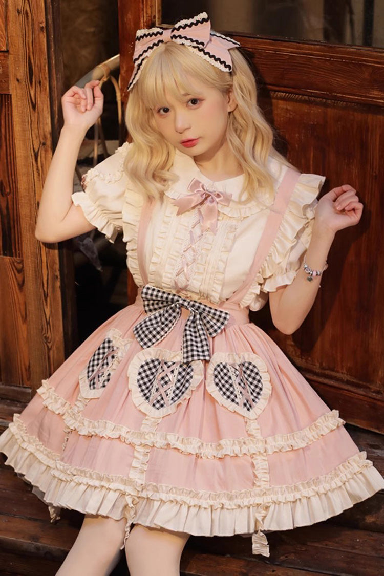 Pink Heart-Print Ruffled Strap Dress with Bowknot