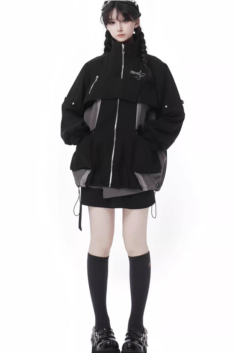 Black Techwear Zip Spliced Gothic Jirai Kei Skirt & Coat Set
