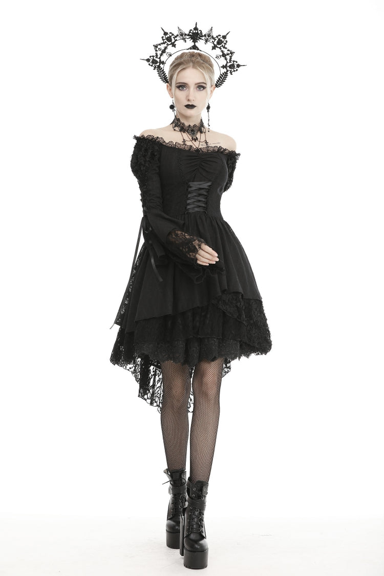 Black Off-Shoulder Trumpet Puff Sleeve Lace-Up Mesh Gothic Cocktail Dress