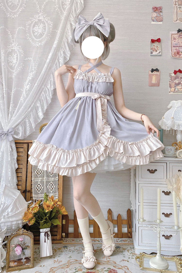 Sleeveless High Waist Ruffle Bow Asymmetric Sweet Lolita Jumper Dress - Grey