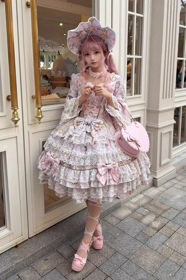 Candlelight Elegance Violet Long Trumpet Sleeves Ruffle Bowknot Lace Elegant Lolita Dress - Candlelight Elegance