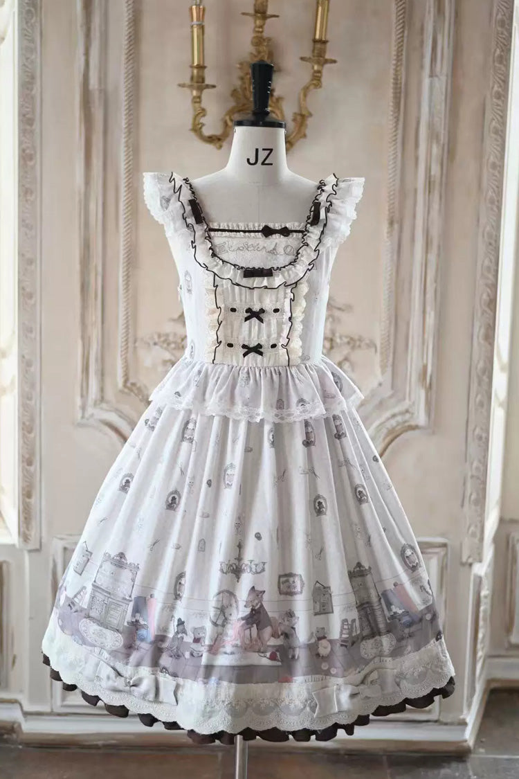 Cream Forest Tailor Shop Square Collar Printed Bow Frilled Sweet Lolita JSK Dress