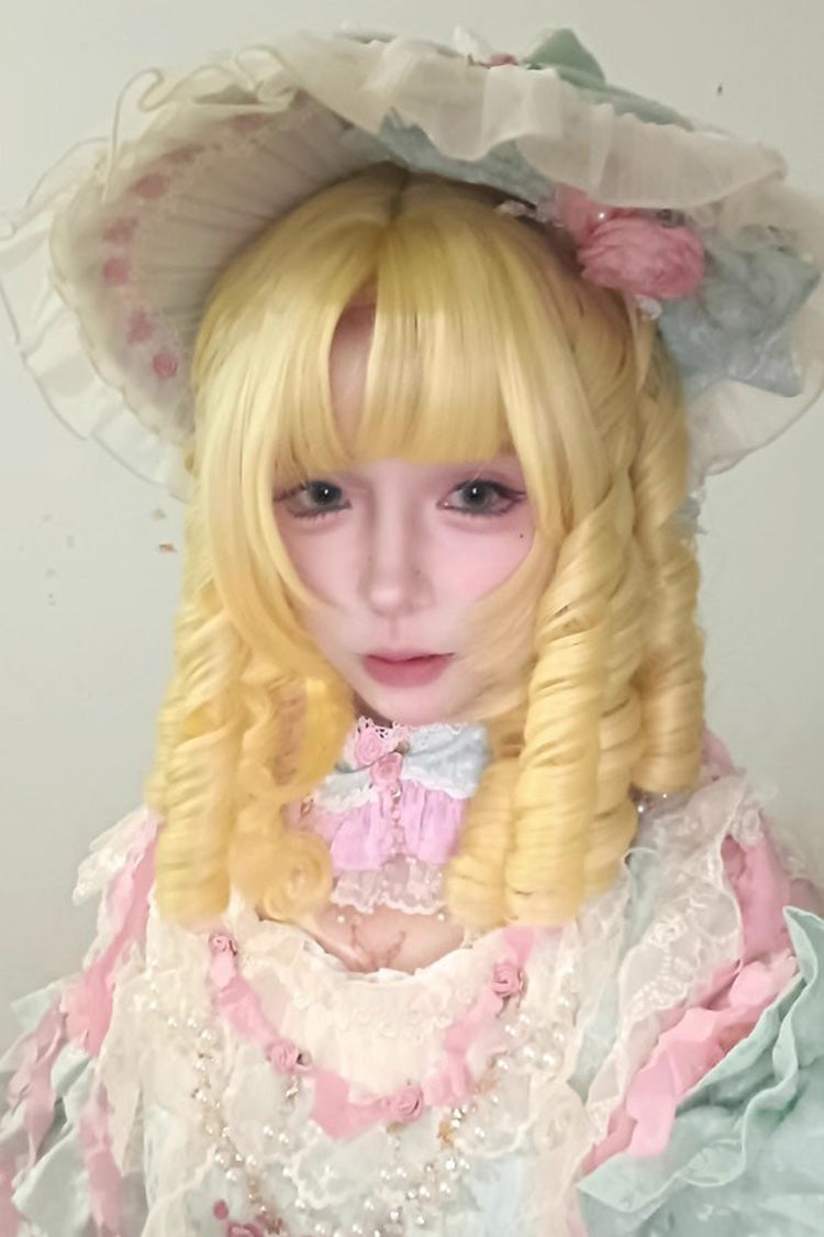 Antique Gold Spiral Curls Lolita Hairpiece with Center Part and Blunt Fringe