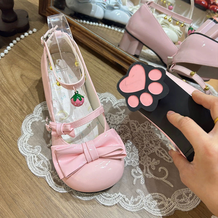 Ankle Bell Bow Mary Jane Heels - Cat Paw Sole, 6 Colors