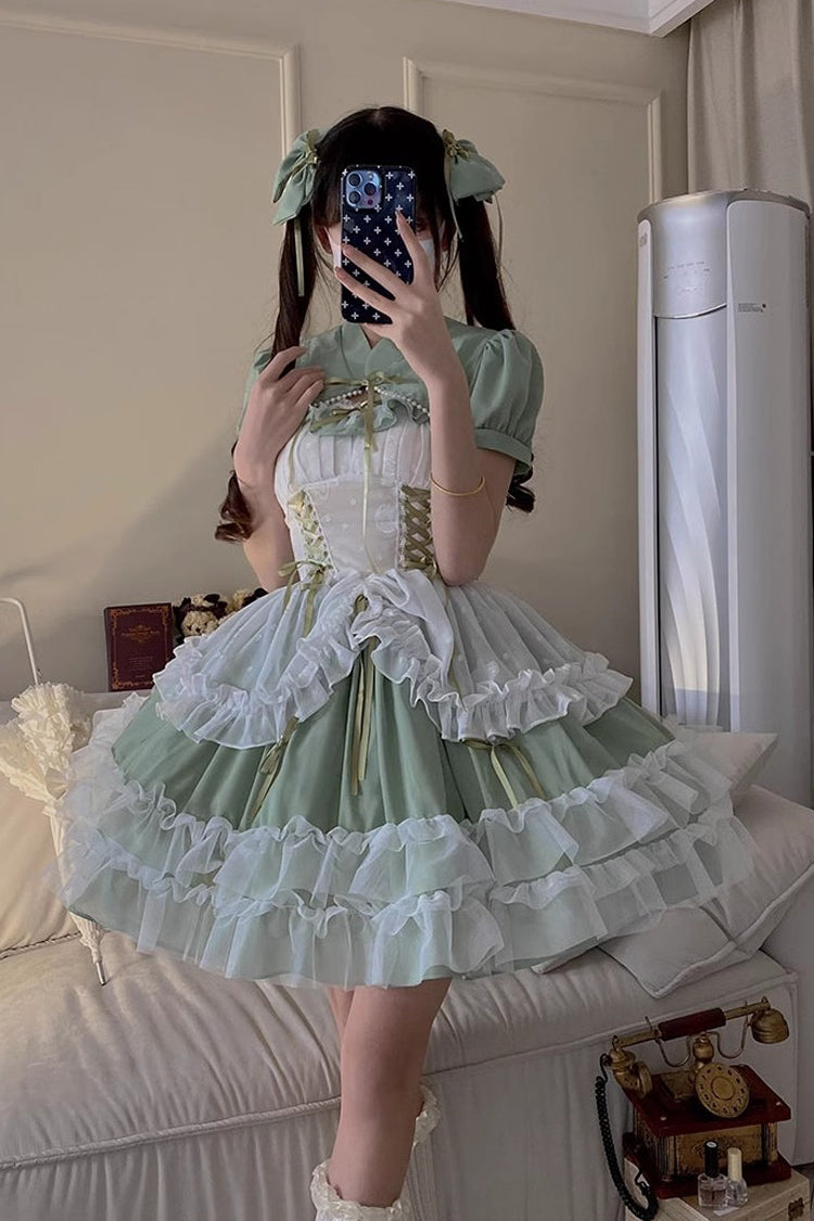 Jade Multi-Layer Hanayome Lace-Up Plus-Size Sweet Lolita JSK (Short)