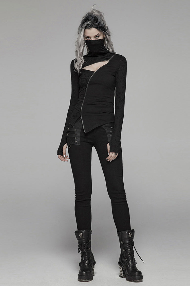 Jet-Black Knit Tee with Pleated Cutouts and Slit Hem for Women