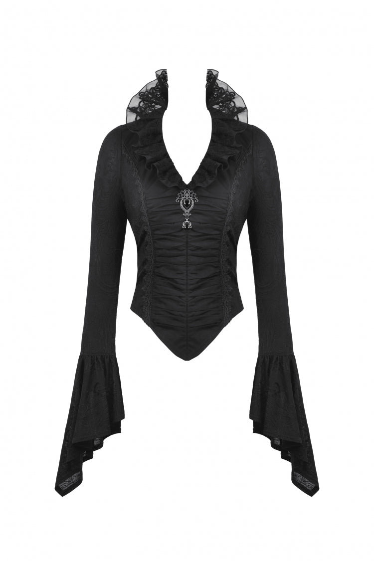 Ruffled V Stand Collar Long Flared Sleeve Jacquard Gothic Blouse for Women Lace