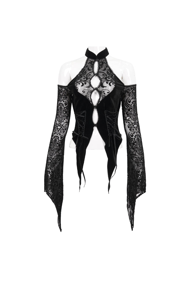 Dark Symbol Flocked Rose Button Off-Shoulder Gothic Top