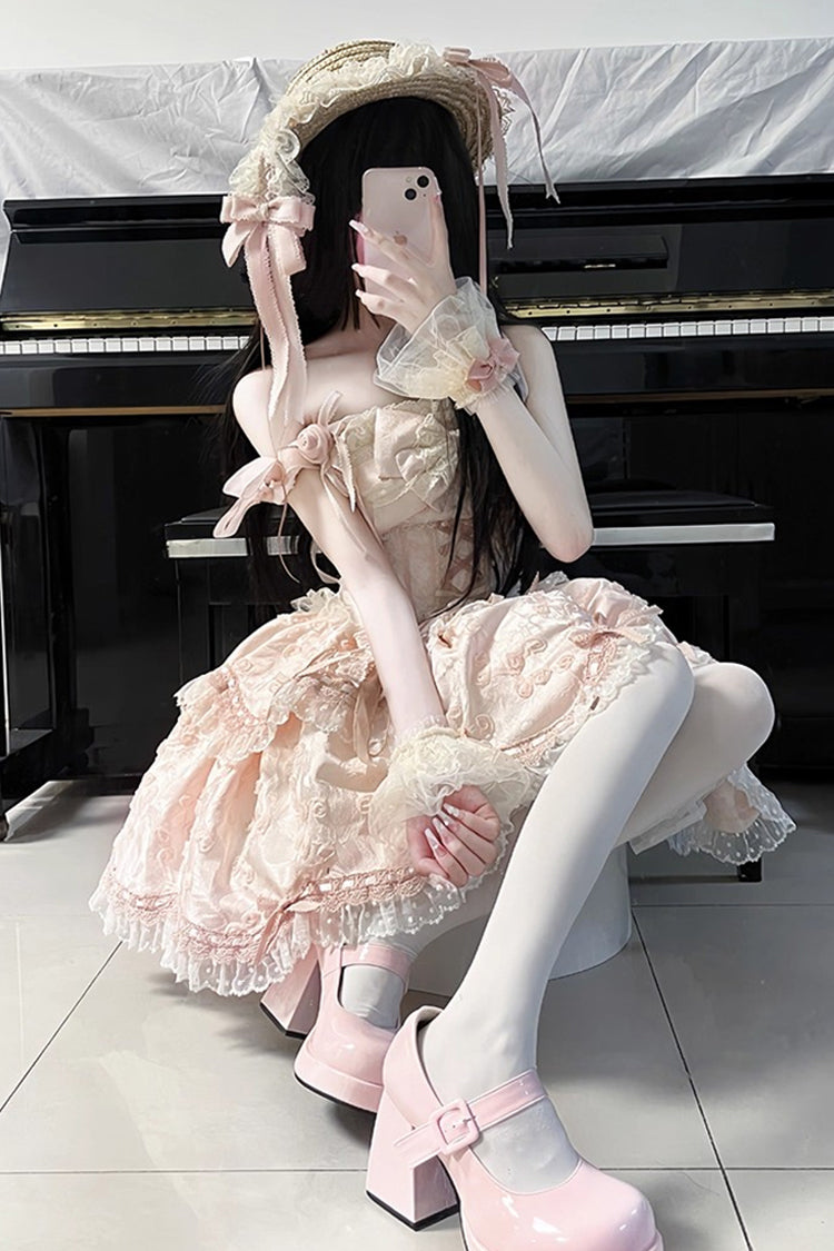 Pink Double-Layered Ruffled Embroidered Bow Lace Sweet JSK - Floral Overture