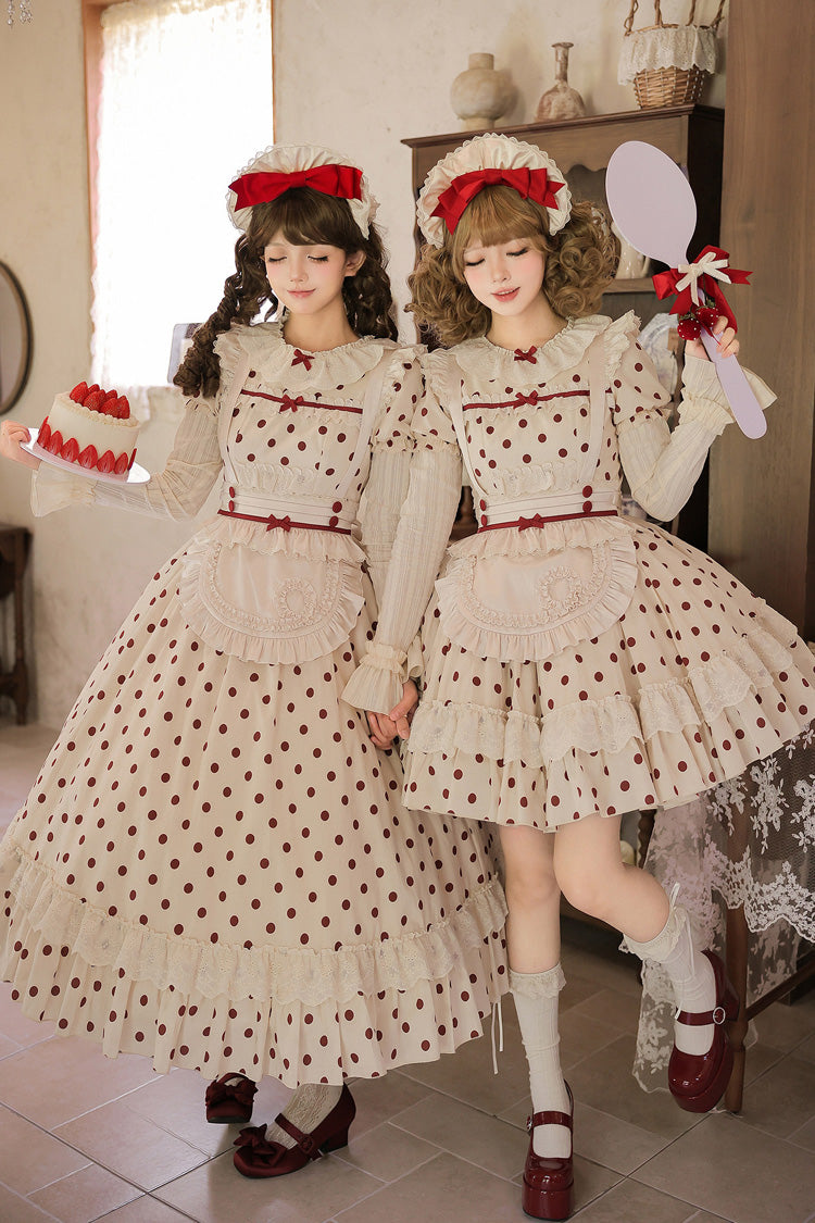 Apricot Sweet Elegant Lolita Dress with Cotton Round Collar Long Lantern Sleeves Polka Dot Print Ruffled Bow Lace