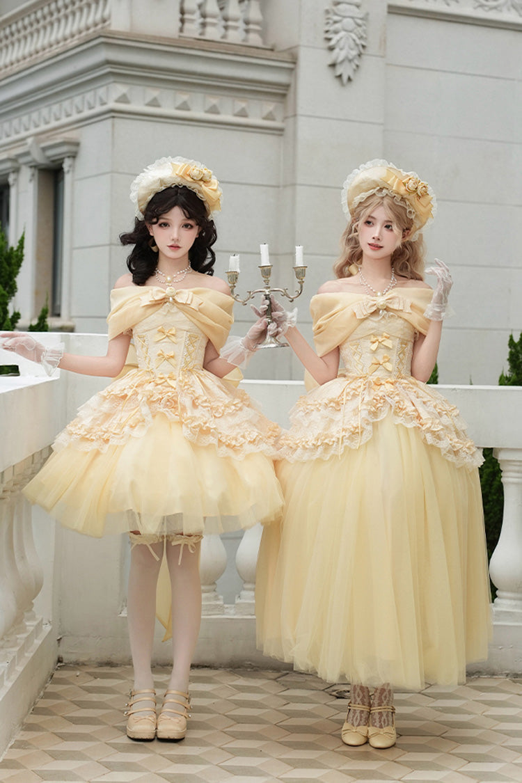 Yellow Off Shoulder Sweet Skirt with Lace and Bow - Sissi's Pilgrimage