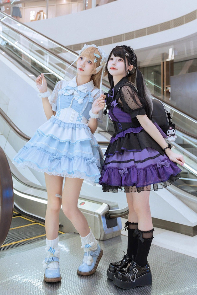 Blue/White Cotton Cloud Lapel Collar Ruffle Ribbon Lace-Up Girly Lolita JSK Dress