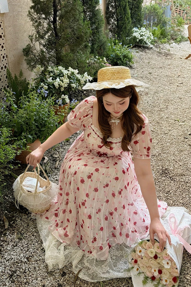 Rose-Printed Square-Collar Ruffled High-Waist Sweet Jumper Dress in Blush Pink