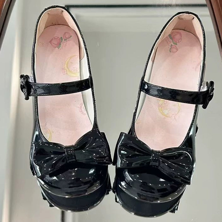 Velcro Strap Bow Mary Jane Shoes for Lolita - Two Heel Heights