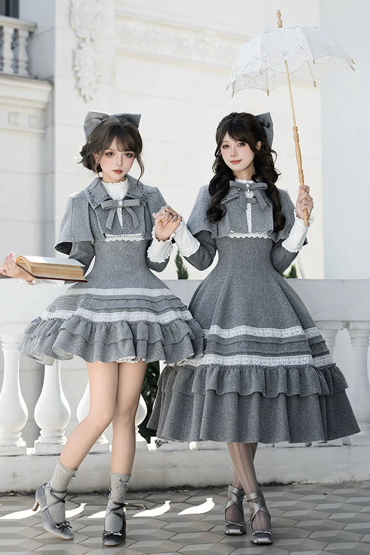 Classic Elegant Lolita Dress with Stand Collar and Ruffled Bow - Grey