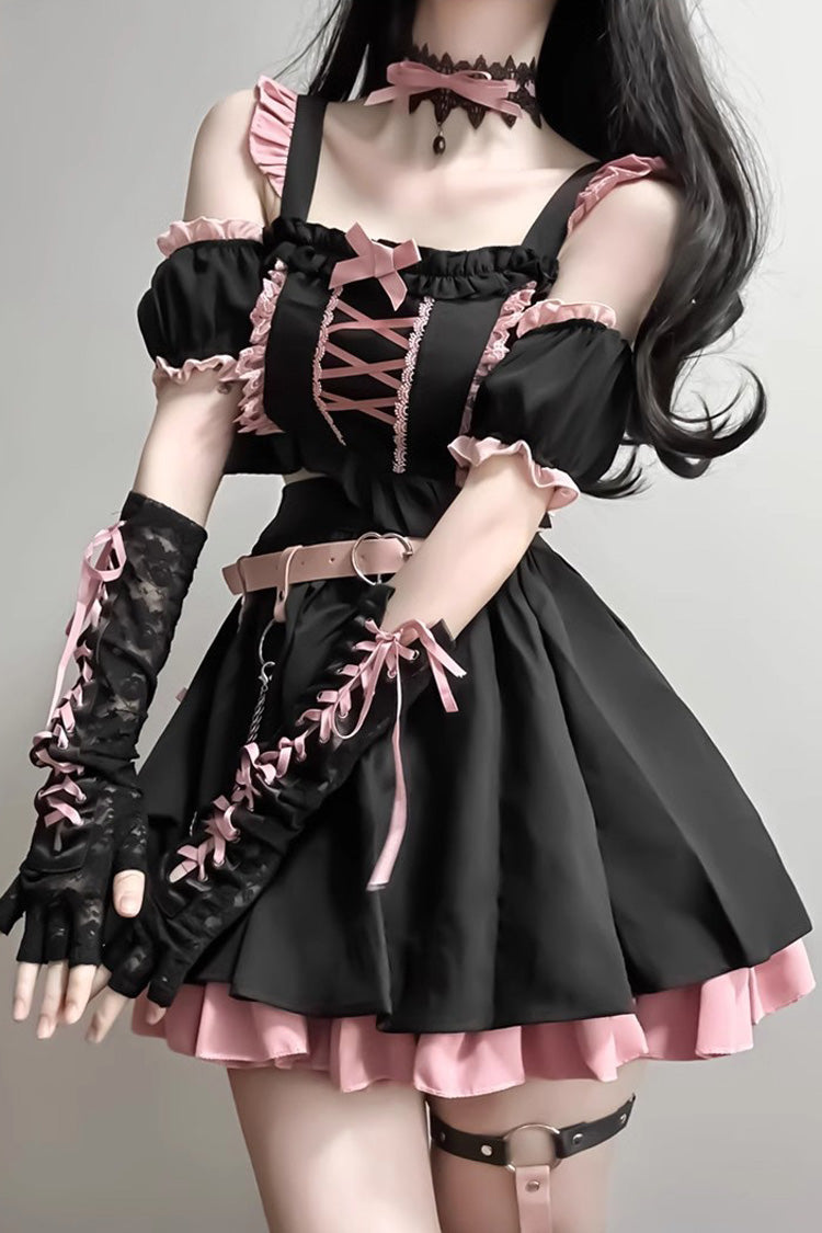 Black/Pink Tie Bow Gothic Sweet Strapless Two-Piece Dress Set - Sweet Lolita