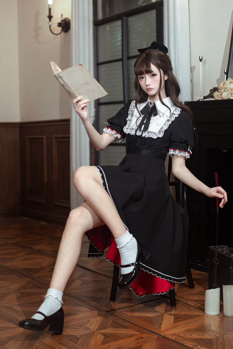 Rosalind Lapel Collar Short-Sleeve Bow Lace Gothic Maid Lolita Dress