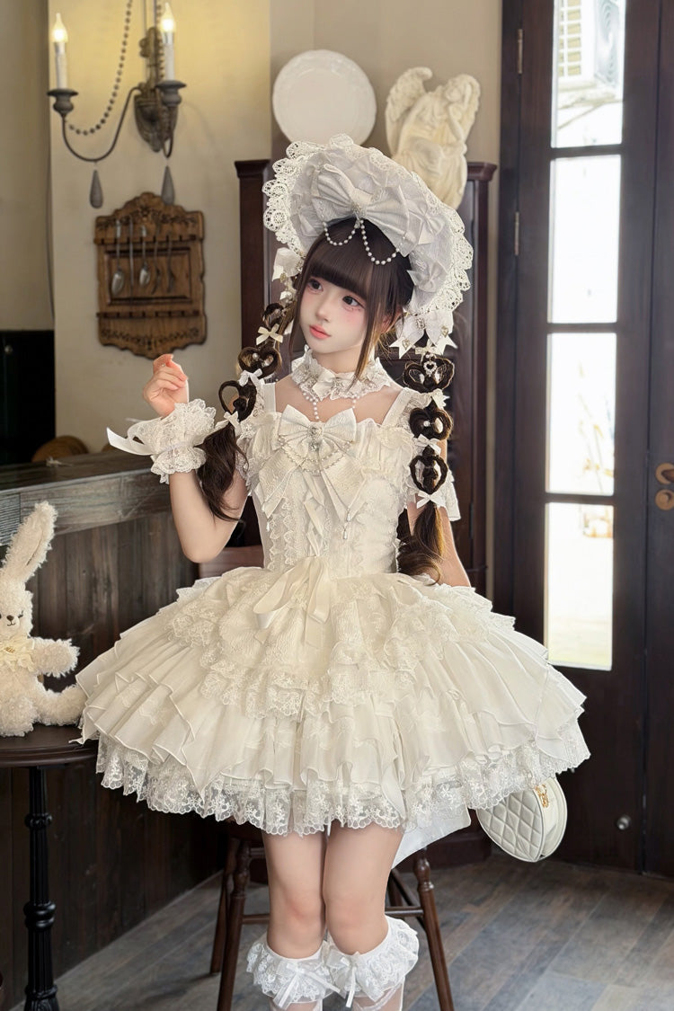 Ivory Ballet Pearl Square Neck Sleeveless Tiered Ruffle Bow Lace-Up JSK