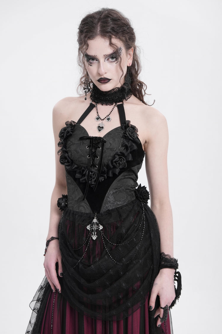 Elegant Black Rose Heart Lace Embroidered Sleeveless Halter Gothic Shirt