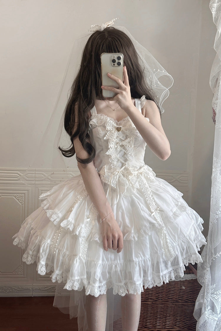 Ivory Ruffle Bowknot Lace-Up Skirt Set - Sweetheart Splolita
