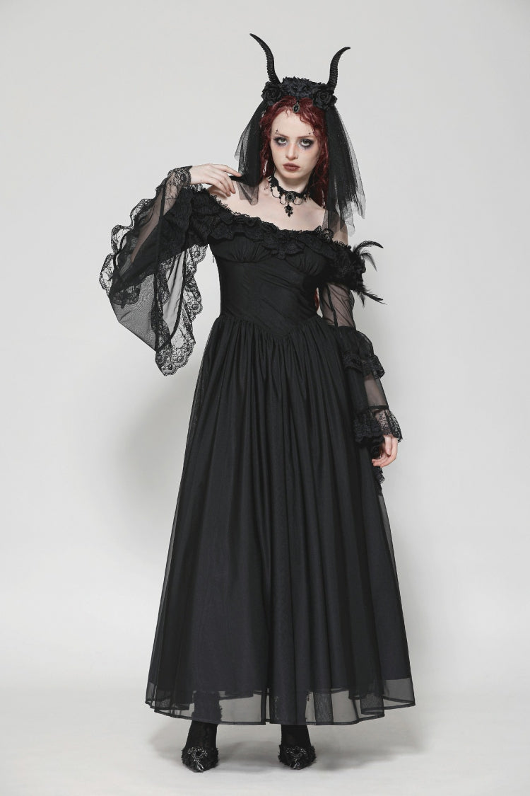 Elegant Gothic Off-Shoulder Tulle Gown with Lace Trim and Flared Sleeves
