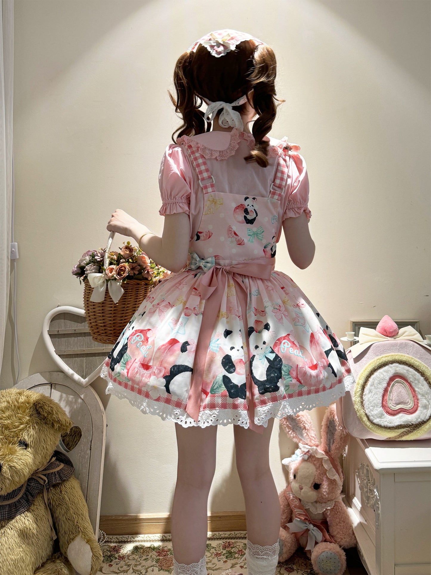 Panda Peach Printed Bow Sweet Lolita Strap Dress