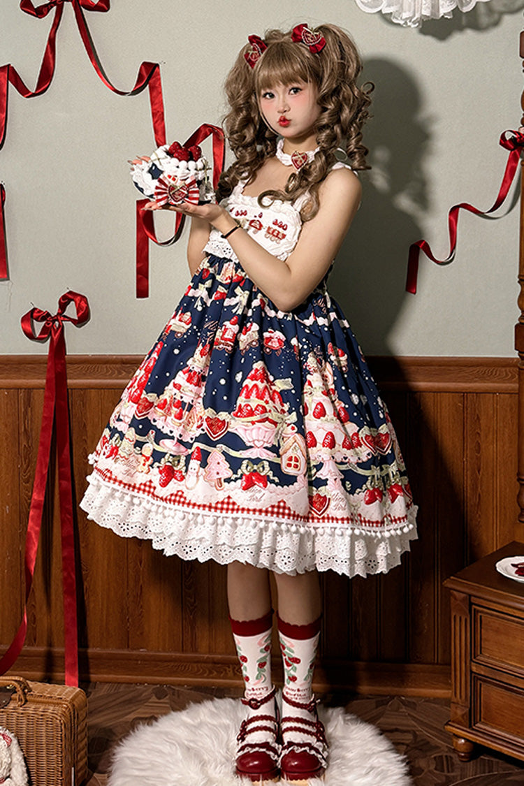 Mint Strawberry Dessert Printed High-Waisted Sweet Lolita JSK Dress - Ruffled