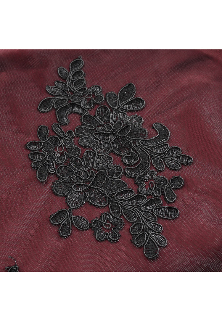 Crimson & Noir High-Rise Embroidered Lace Accent Gothic Skirt