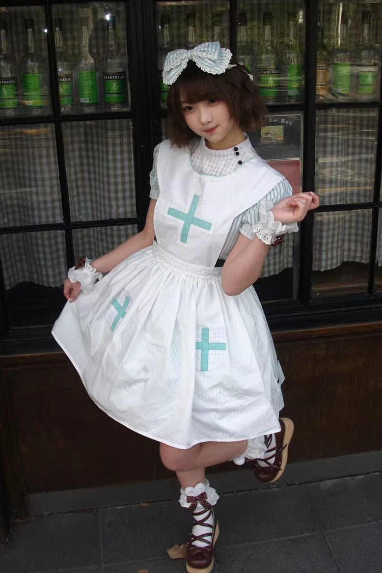 Green Striped Bow Nurse Lolita Stand-Collar