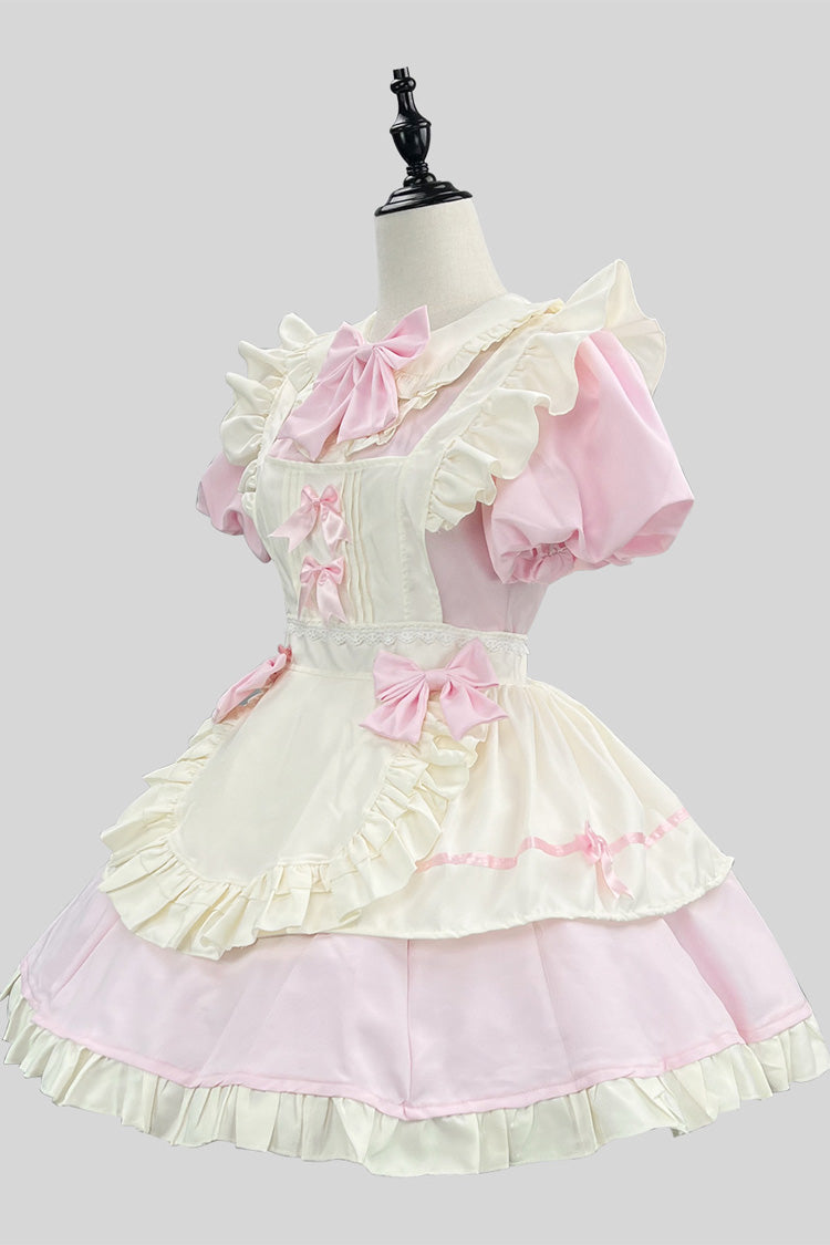 Pink/White Short Sleeve Ruffled Bow Lace Plus Size Maid Dress
