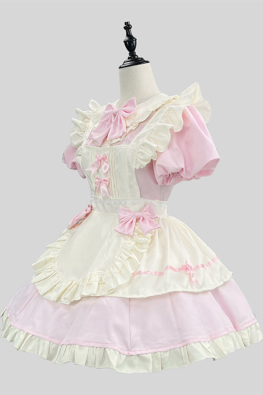 Pink/White Short Sleeve Ruffled Bow Lace Plus Size Maid Dress