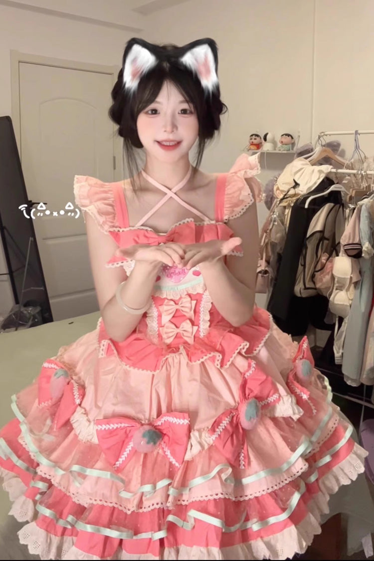 Pink Tiered Sweet Lolita Dress with Print and Multi-Layered Ruffle Bowknot