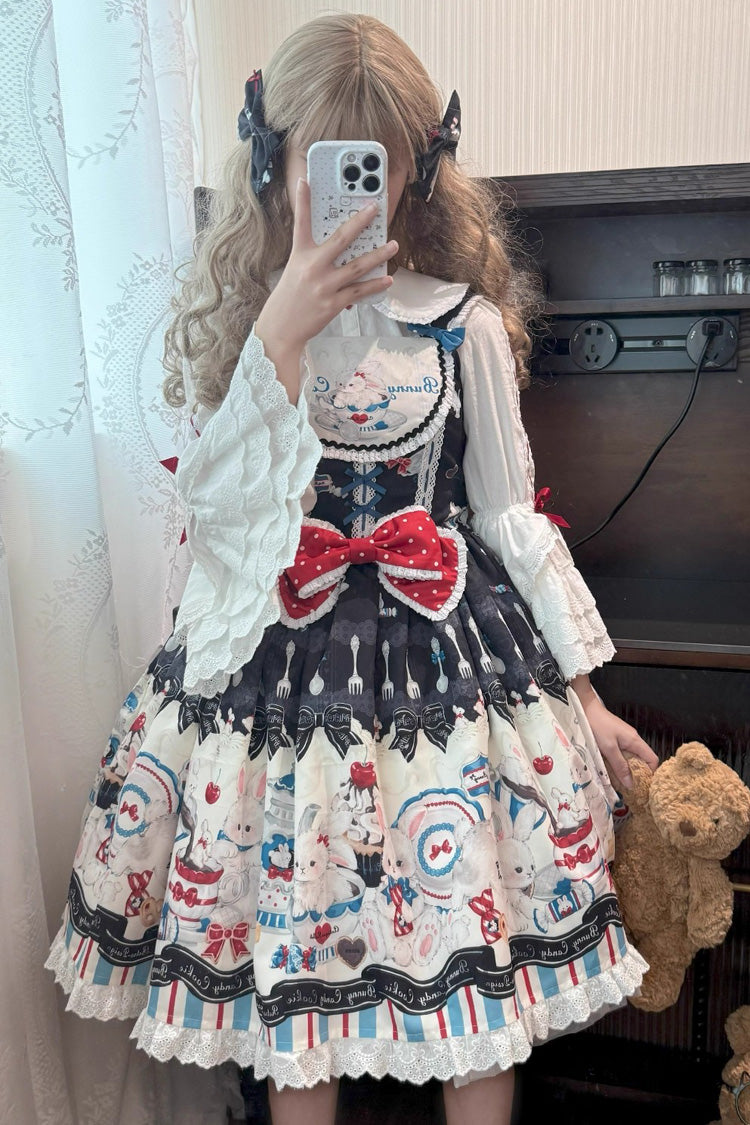 Sleeveless Print Ruffle Bowknot Lace Sweet Lolita Jsk Dress Black
