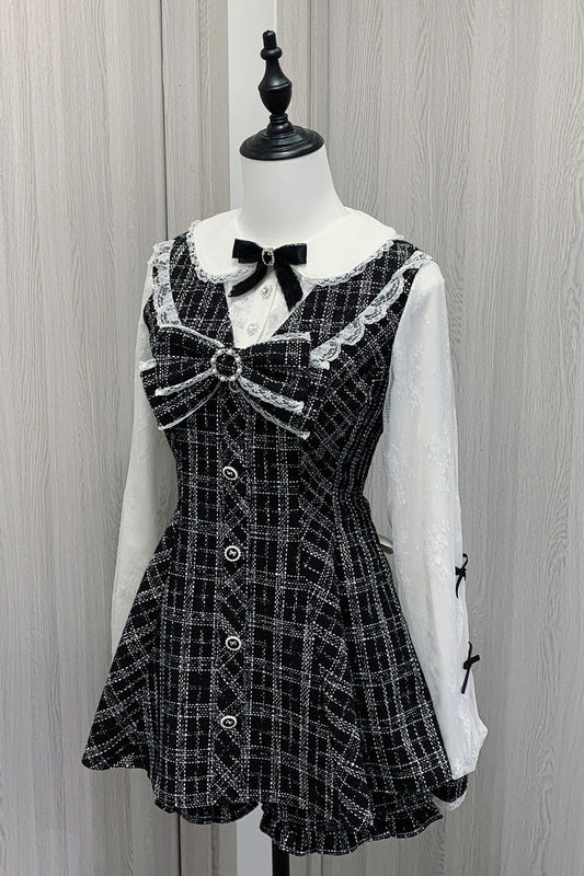 Black/White Love Sonata Long Sleeve Ruffle Bow Lace Jirai Kei Dress Set