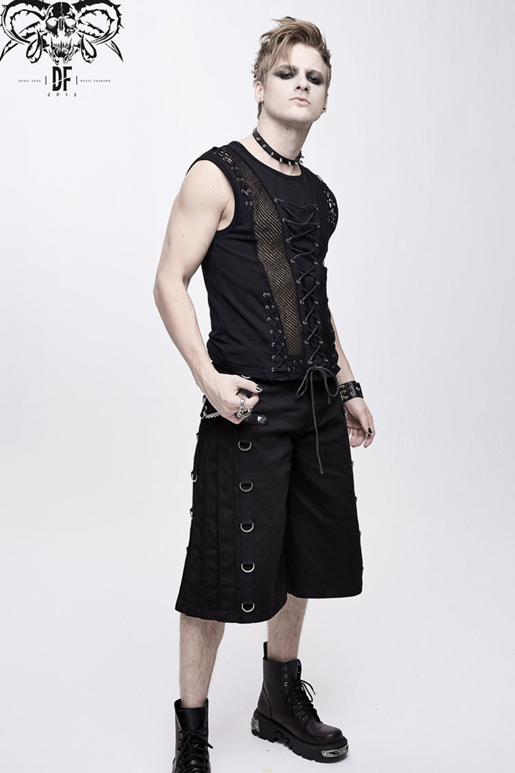 Men's Punk Vest with Lace-Up Splice Coarse Grain Chest