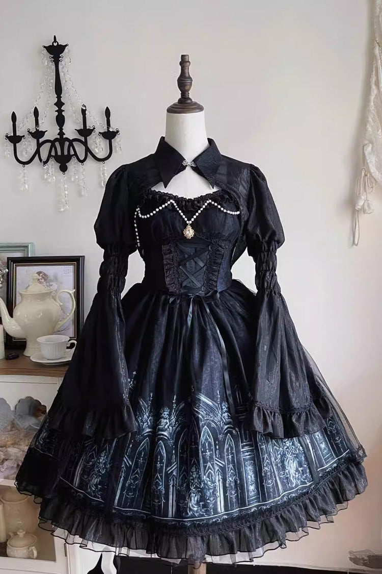 Black Sleeveless Silent Night Print Ruffle Gothic Jsk Dress