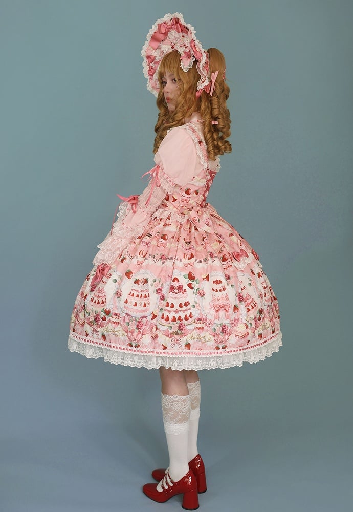 JSK Set Full Accents Print Pink Desserts Lolita Bow Sweet and / Strawberry
