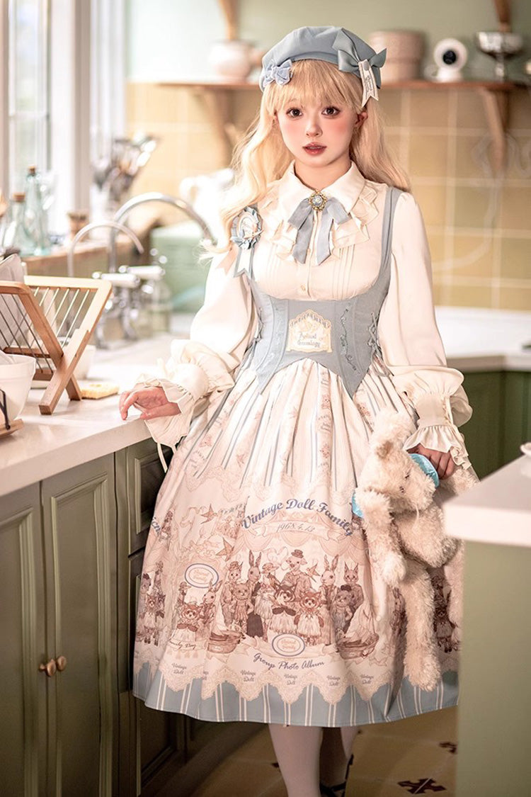 Dollhouse Print Long JSK Dress with Embroidery and Ruffles