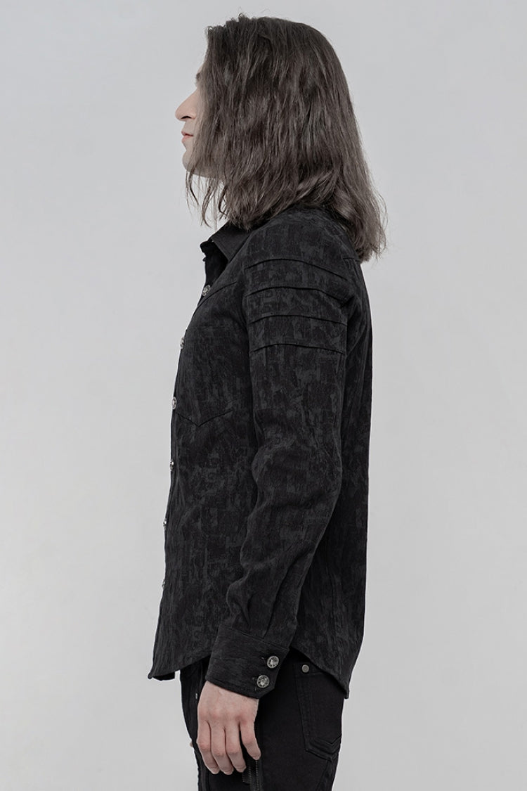 Jet-Black Punk Shirt with Skull Buttons and Jacquard Weave for Men