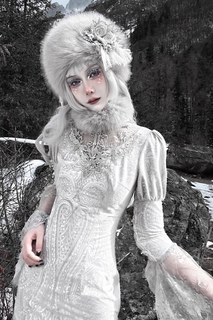 Silver High-Waisted V-Neck Long Sleeve Lace Ruffle Gothic Fishtail Dress - The Call of the Snow Country