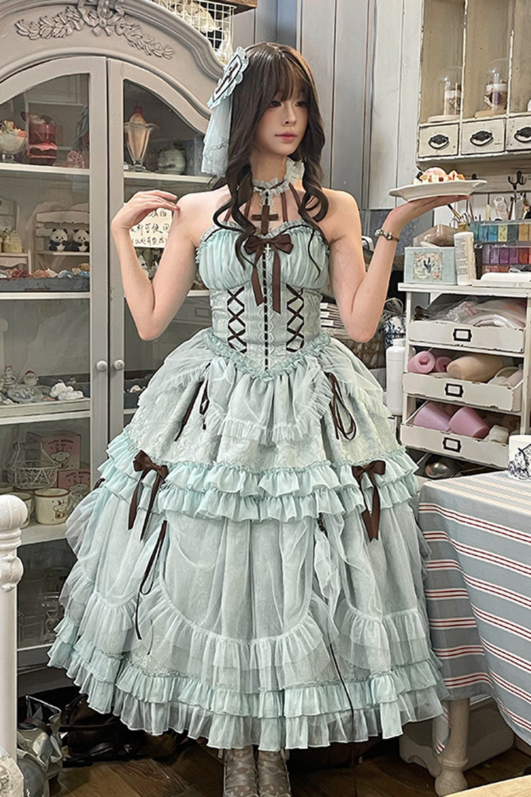 Mint Green Cross Halterneck Lace-Up Princess Sweet Lolita Dress - Ruffled Lace