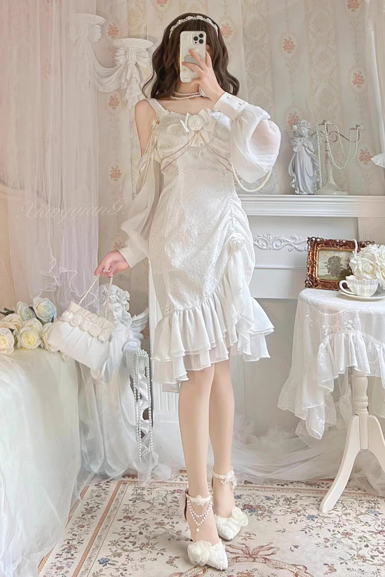 Camellia 2.0 White Sleeveless Jacquard Asymmetric Lace Sweet Fishtail JSK Dress