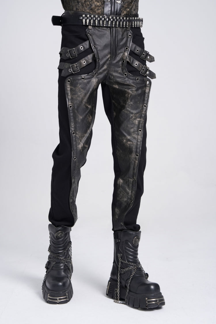 Faux Leather Stitching Buckle Pants - Punk
